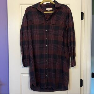 LOFT 100% cotton Burgundy and Black Plaid Button-Up Shirt Dress